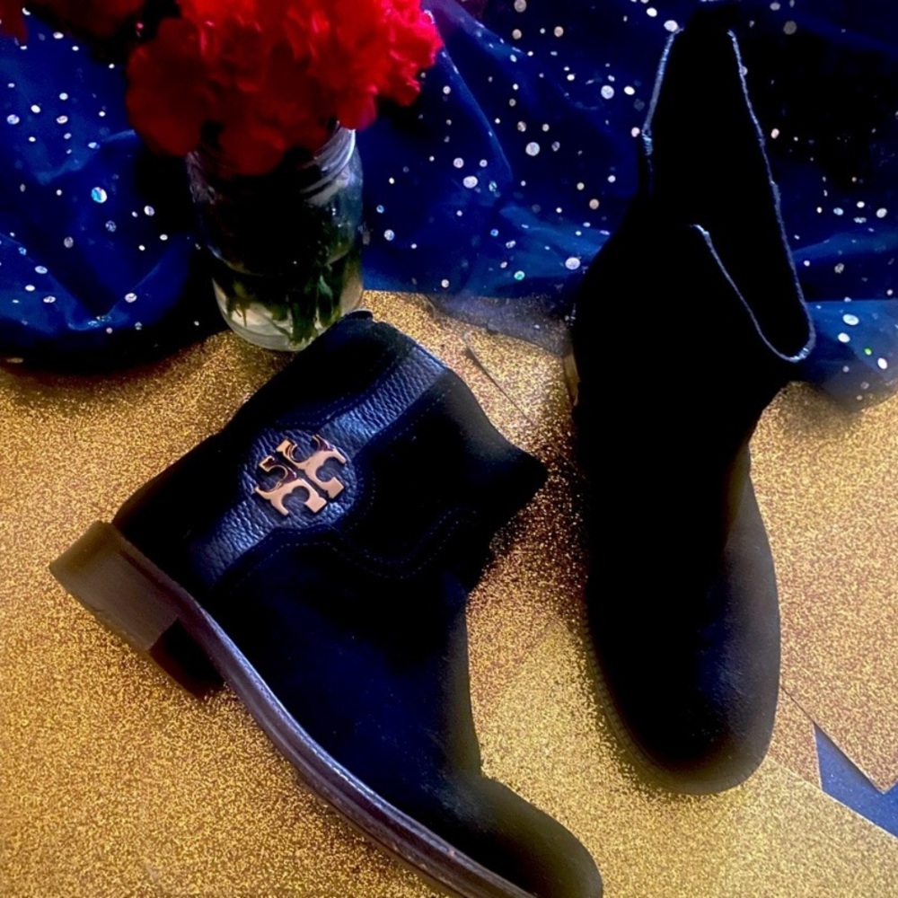 TORY BURCH Frm ITALY RIDER ZIPPER SUEDE LEATHER BLACK GOLD GORG Boots 8M VNTG - Picture 5 of 6
